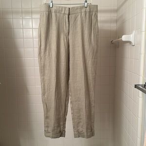 Beige Natural Linen Zip-Front Cuffed Trousers